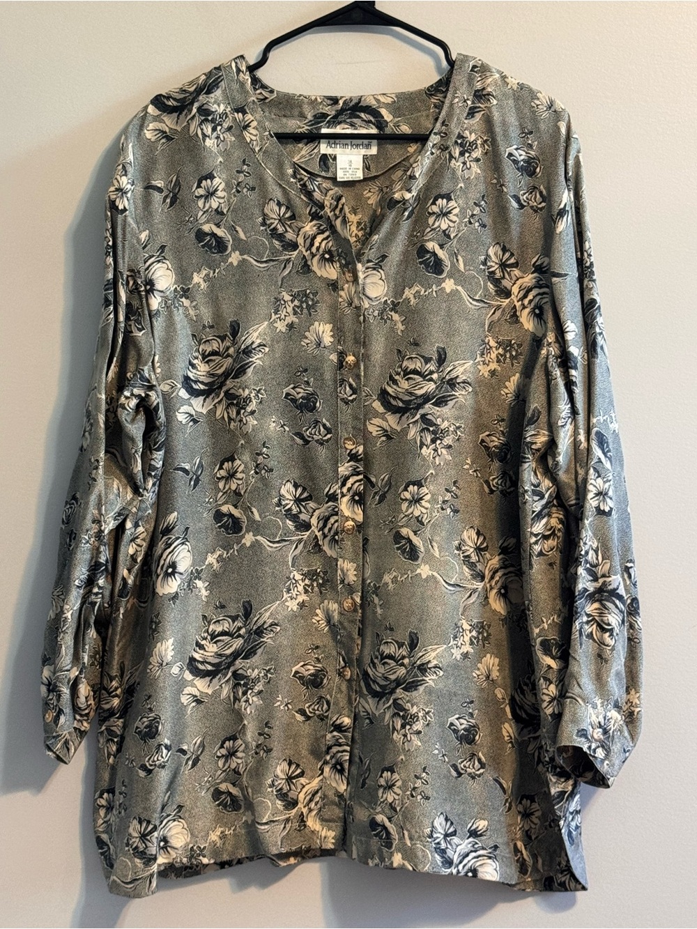 Adrian Jordan 100% Silk Floral Button Front Blouse Tunic Size 14/16